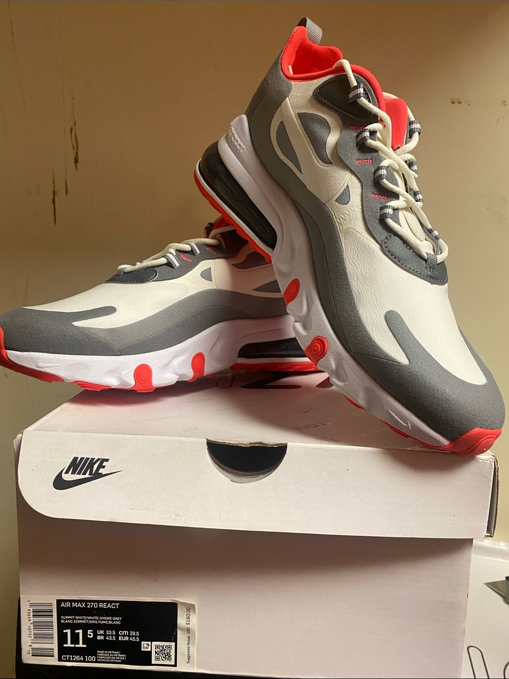 Nike Air Max 270 React — Gray, White & Bright Coral Accent